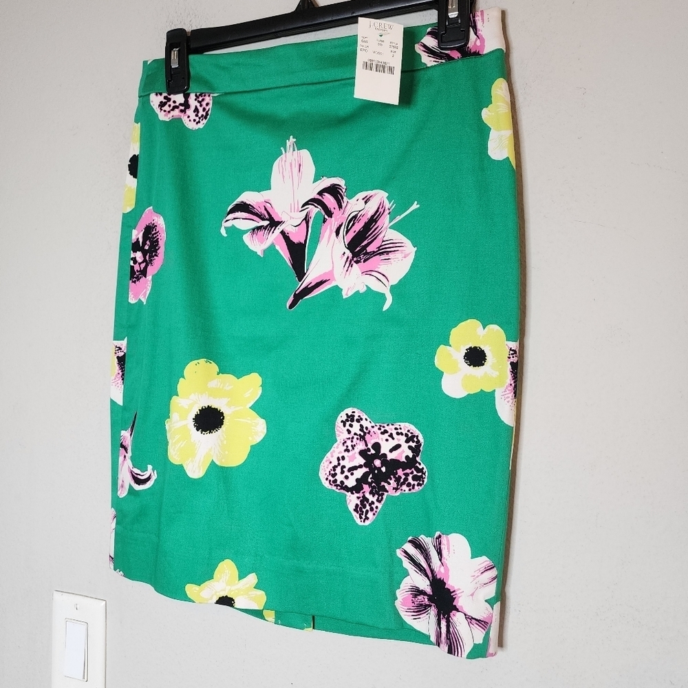 NWT J. Crew Green Floral Pencil Skirt Women's Size 2 Cotton Spandex
